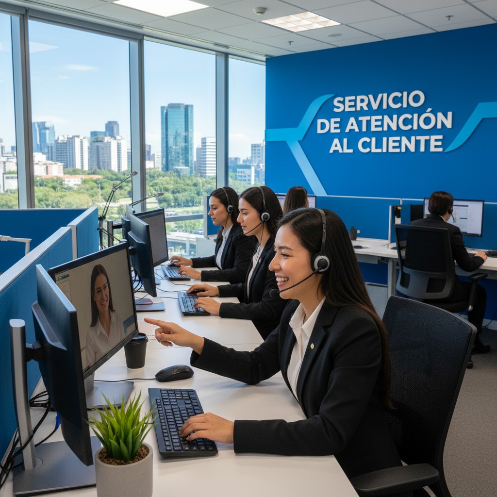 Varios agentes de atención al cliente trabajan en una oficina moderna con vistas a la ciudad mientras una empleada señala la pantalla de su ordenador durante una videollamada.